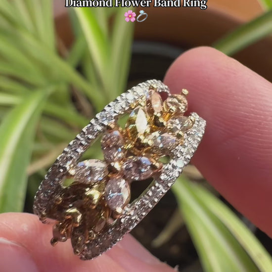 18K Two Tone Marquise Cut Pink, Yellow and White Diamond Flower Band Ring