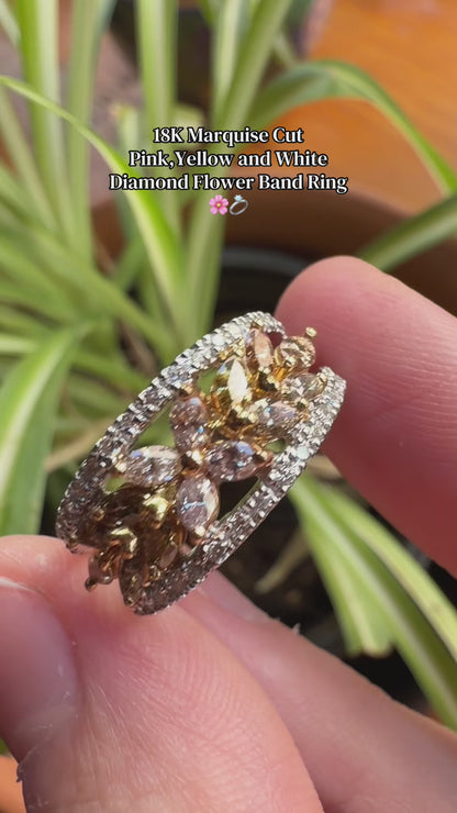 18K Two Tone Marquise Cut Pink, Yellow and White Diamond Flower Band Ring