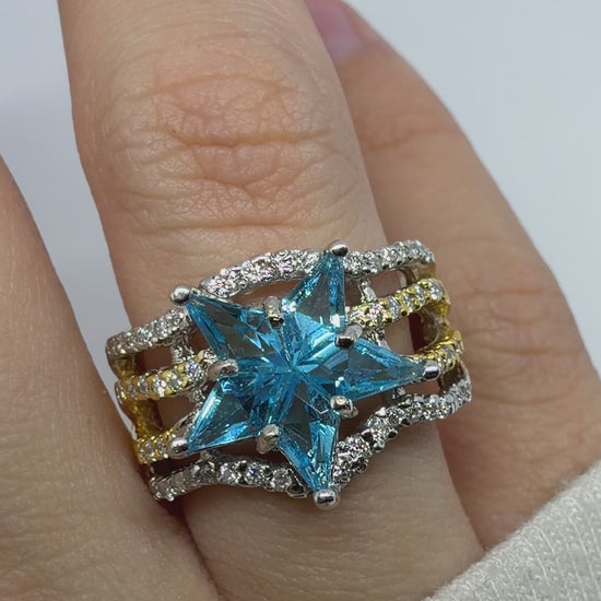 18K Two Tone Diamond & Blue Quartz Starburst Ring