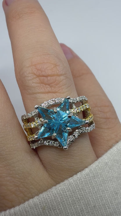 18K Two Tone Diamond & Blue Quartz Starburst Ring