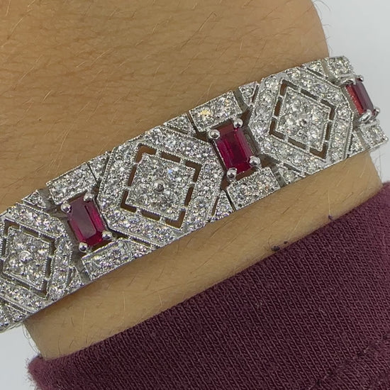 Vintage Inspired 18K 3.61 Carat Emerald Cut Ruby and Diamond Bracelet