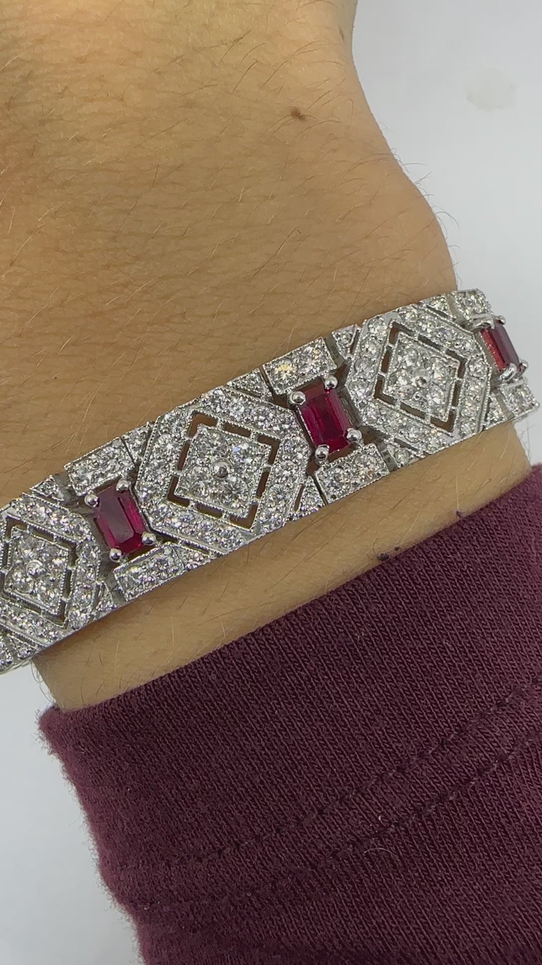 Vintage Inspired 18K 3.61 Carat Emerald Cut Ruby and Diamond Bracelet