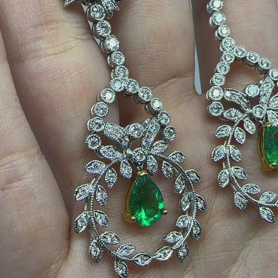 18K White Gold Diamond and Pear Cut Emerald Earrings