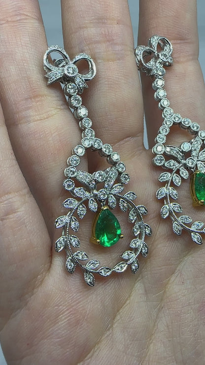 18K White Gold Diamond and Pear Cut Emerald Earrings