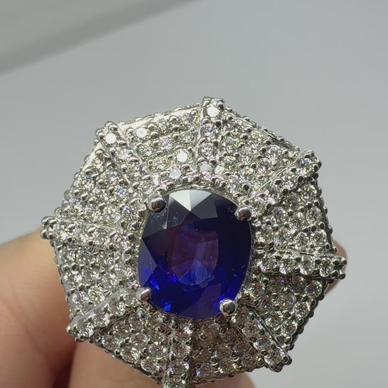 18k White Gold 3.05 Carat Oval Cut Sapphire and Diamond Spider Web Cocktail Ring