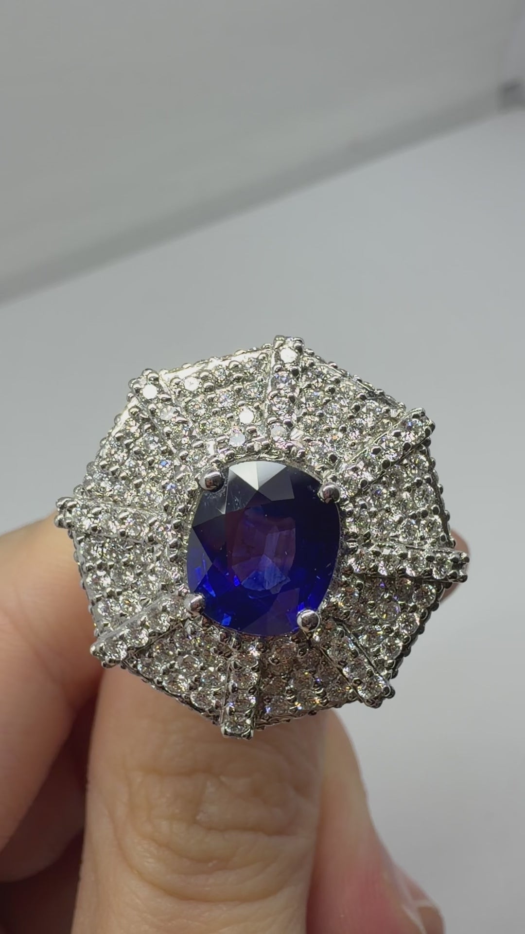 18k White Gold 3.05 Carat Oval Cut Sapphire and Diamond Spider Web Cocktail Ring