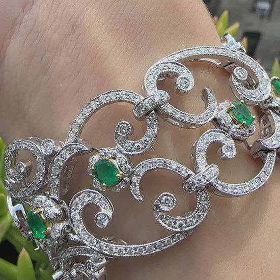 Vintage Inspired 18K White Gold 2.84 Carat Emerald and Diamond Bracelet