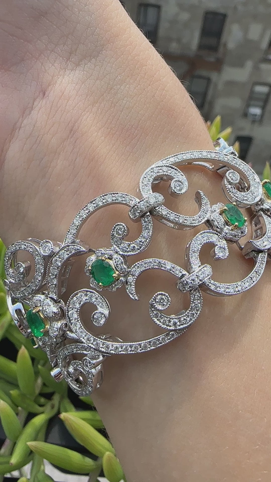 Vintage Inspired 18K White Gold 2.84 Carat Emerald and Diamond Bracelet