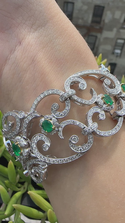 Vintage Inspired 18K White Gold 2.84 Carat Emerald and Diamond Bracelet