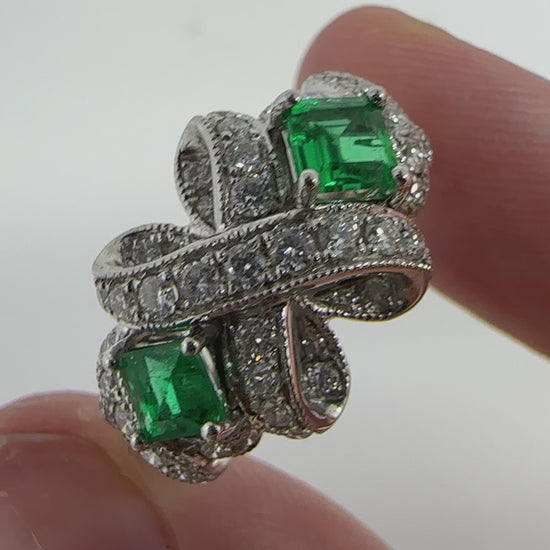 18K White Gold .65 Carat Square Cut Emerald and Diamond Bow Ring - Size 6.25