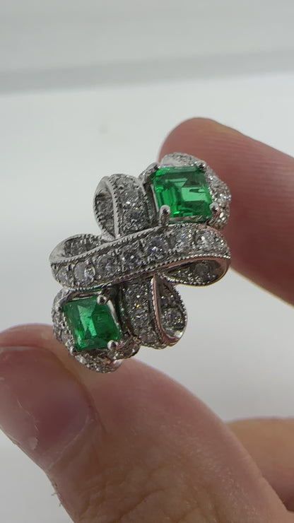 18K White Gold .65 Carat Square Cut Emerald and Diamond Bow Ring - Size 6.25