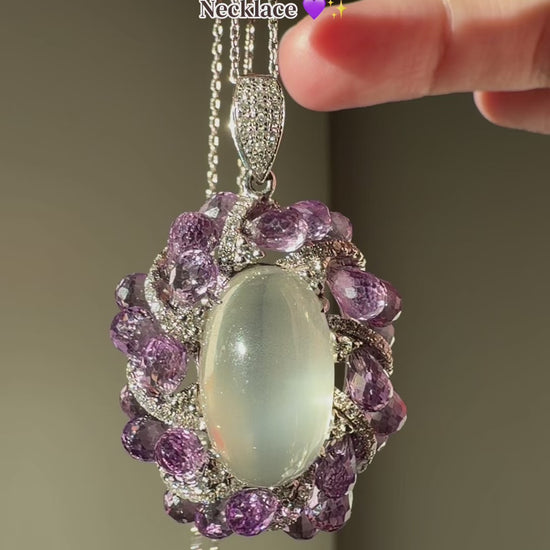 18k White Gold Diamond, Briolette Amethyst and Moonstone Pendant Necklace