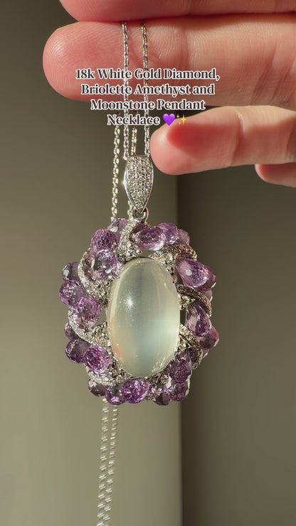 18k White Gold Diamond, Briolette Amethyst and Moonstone Pendant Necklace