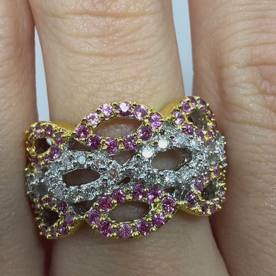 18K Two Tone Pink Sapphire and Diamond Band