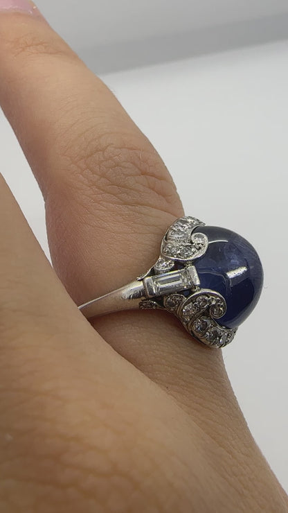 Platinum Art Deco Diamond and Cabochon Sapphire Ring