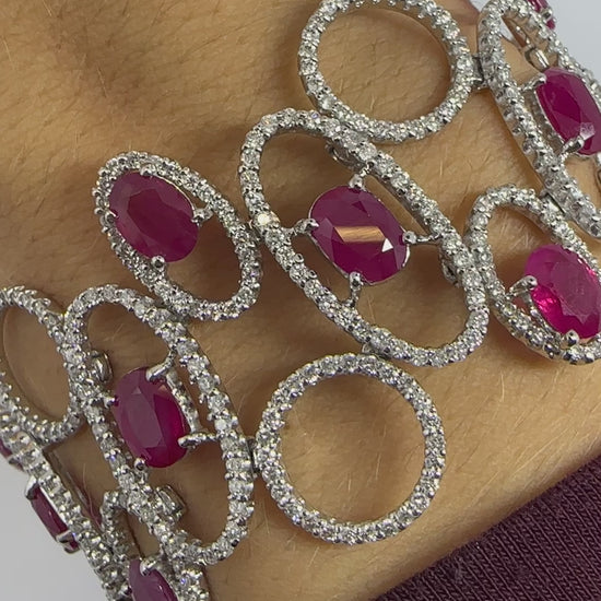 18K White Gold 19.95 Carat Oval Cut Ruby and Diamond Bracelet - 7.75 Inches