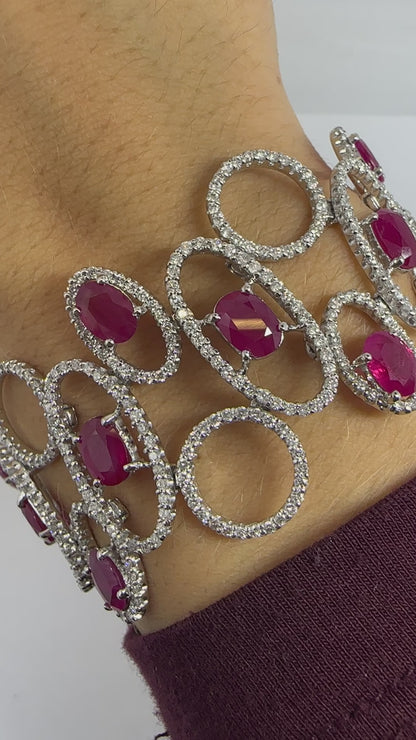 18K White Gold 19.95 Carat Oval Cut Ruby and Diamond Bracelet - 7.75 Inches