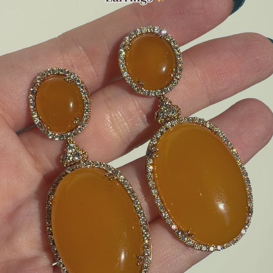18K Yellow Gold Diamond and Honey Agate Drop Earrings