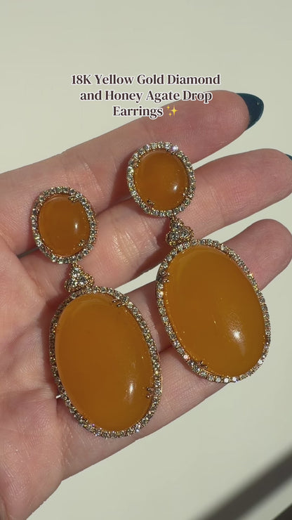 18K Yellow Gold Diamond and Honey Agate Drop Earrings