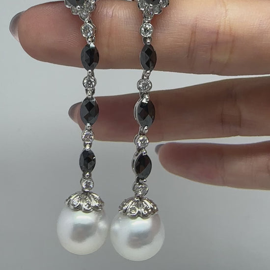 18K White Gold Marquise and Pear Cut Black and White Diamond Drop Earrings