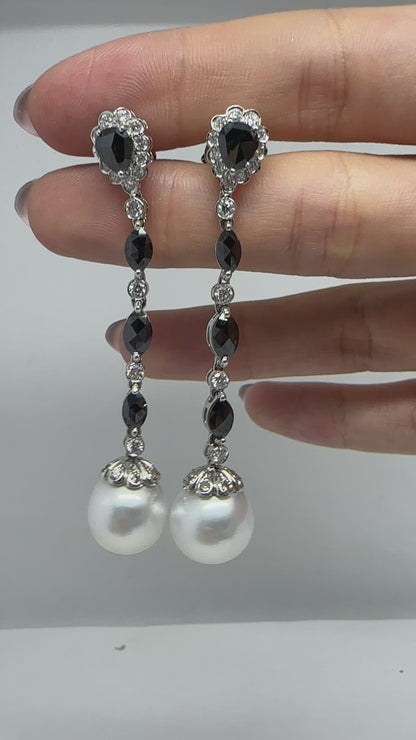 18K White Gold Marquise and Pear Cut Black and White Diamond Drop Earrings