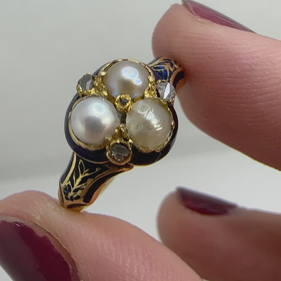 14k Victorian Diamond, Pearl and Blue Enamel Trefoil Ring