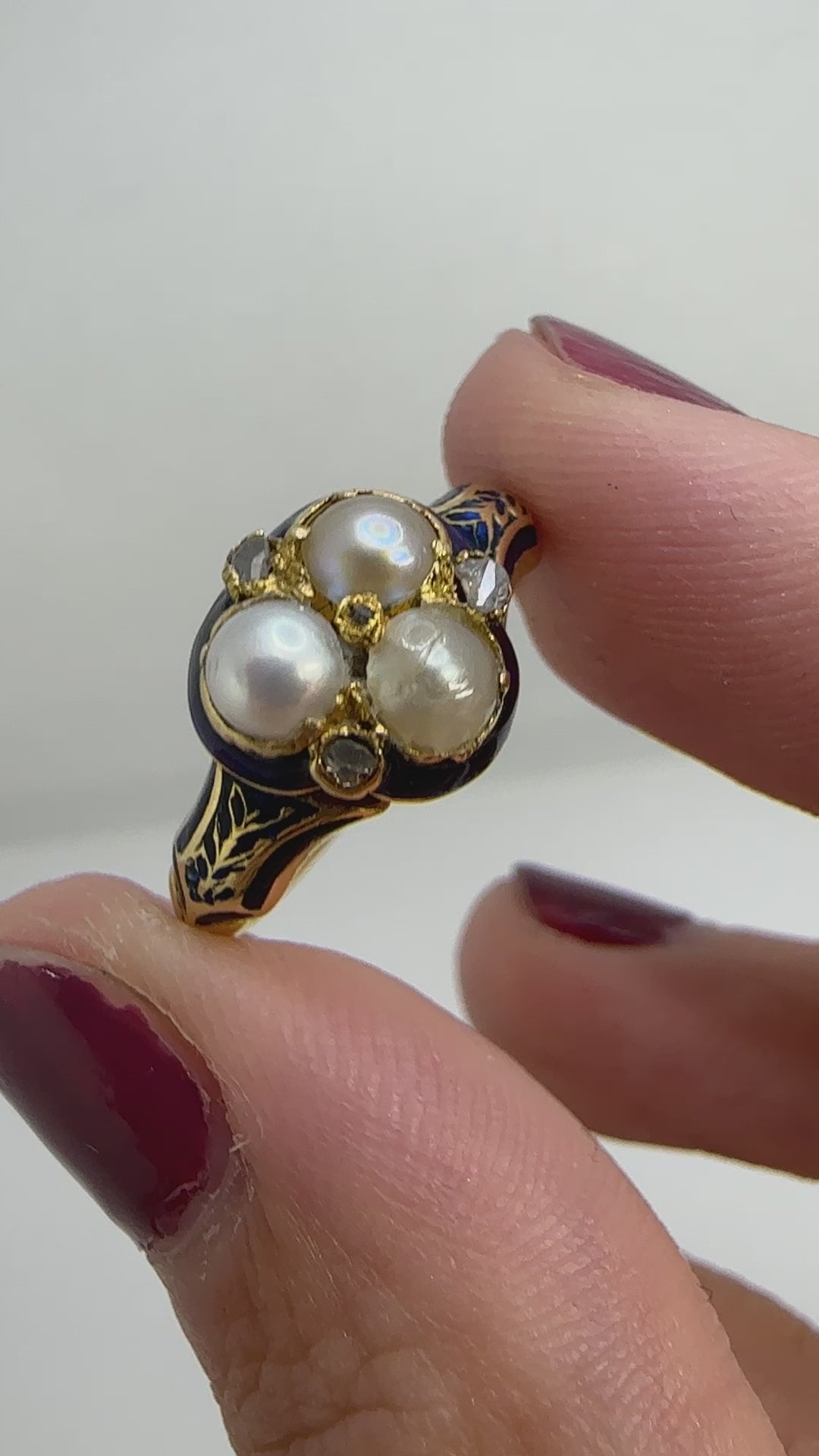 14k Victorian Diamond, Pearl and Blue Enamel Trefoil Ring