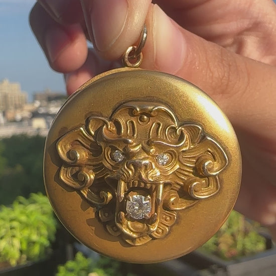 Yellow Gold and Diamond Estate Lion Locket Pendant