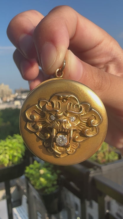 Yellow Gold and Diamond Estate Lion Locket Pendant