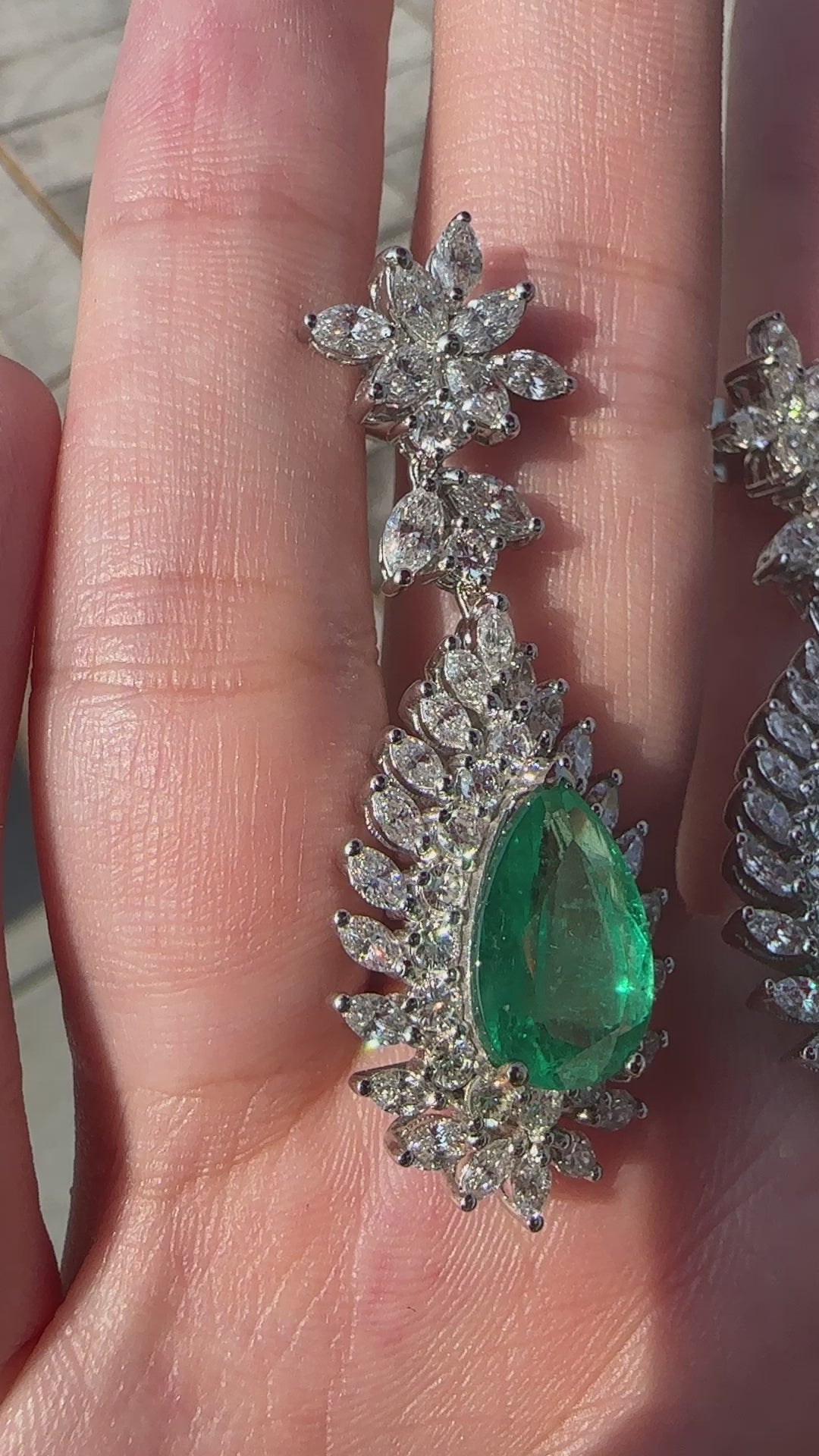 18k Marquise Cut Diamond and Pear Cut Emerald Earrings