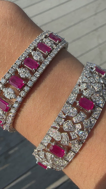 Vintage Inspired 18K White Gold 4.54 Carat Emerald Cut Ruby and Diamond Bracelet