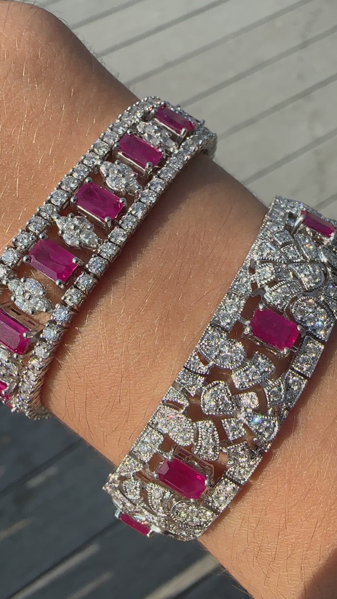 Vintage Inspired 18K White Gold 4.54 Carat Emerald Cut Ruby and Diamond Bracelet