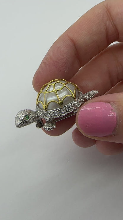 14k Diamond, Pearl and Emerald Turtle Brooch