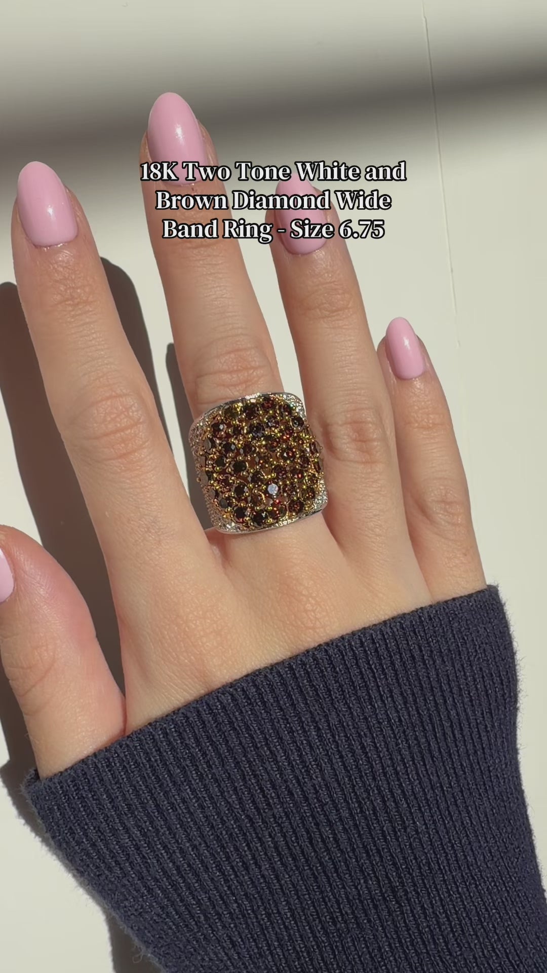 18K Two Tone White and Brown Diamond Wide Band Ring - Size 6.75