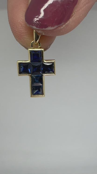 14K Yellow Gold 1.35 Carat Sapphire Cross Pendant