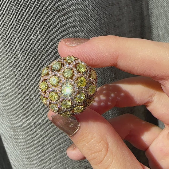 18K Rose Gold Pink and Yellow Diamond Dome Cocktail Ring - Size 6