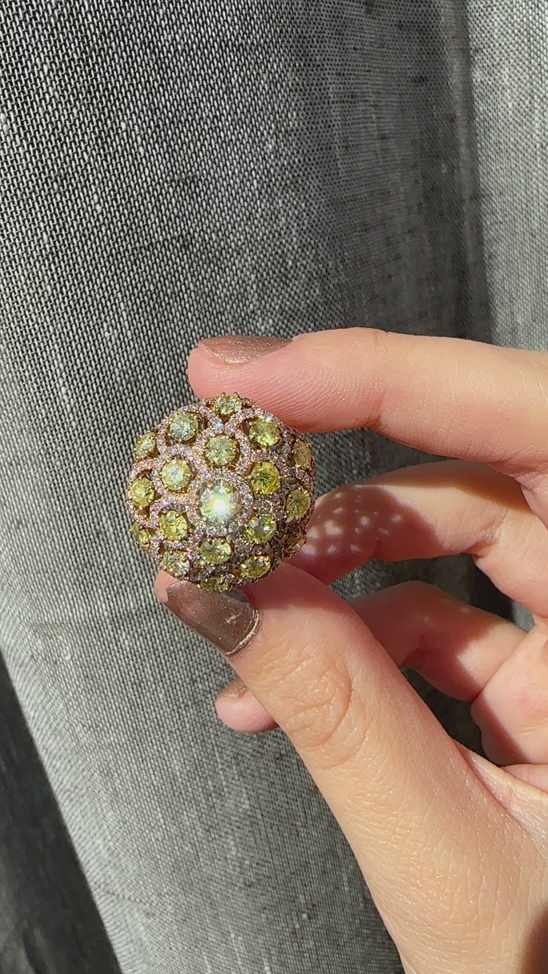 18K Rose Gold Pink and Yellow Diamond Dome Cocktail Ring - Size 6