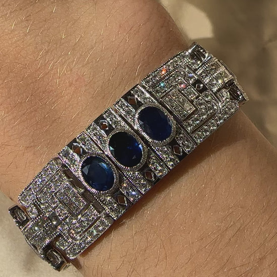 Vintage Inspired 18K Gold 7.00 Carat Oval Cut Sapphire and Diamond Bracelet