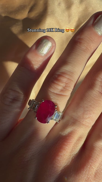 18K White Gold Asscher Cut Diamond and African Ruby Three Stone Ring - Size 6.75