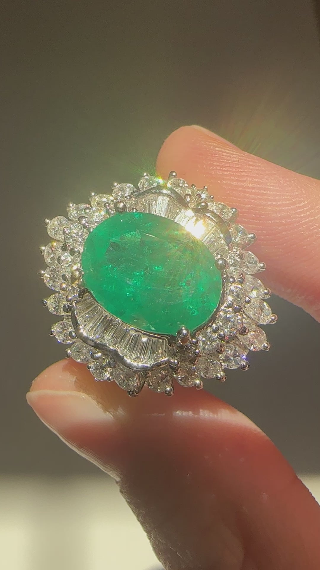 18k White Gold 4.40 Carat Oval Emerald and Diamond Cocktail Ring - Size 6.25