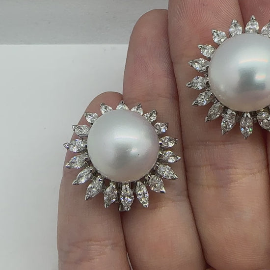 18K White Gold 3.69 Carat Marquise Cut Diamond and South Sea Pearl Earrings