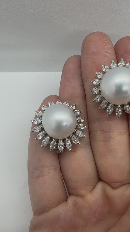 18K White Gold 3.69 Carat Marquise Cut Diamond and South Sea Pearl Earrings