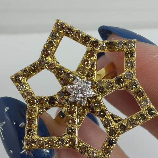 18K Yellow Gold 2.43 Carat Round Cut Brown and White Diamond Flower Ring