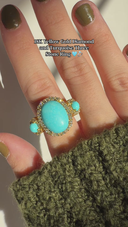 18K Yellow Gold Diamond and Turquoise Three Stone Cocktail Ring - Size 7