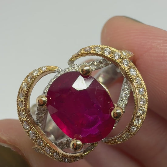 18K 2.22c Carat Oval Cut African Ruby and Diamond Ring - Size 6.25