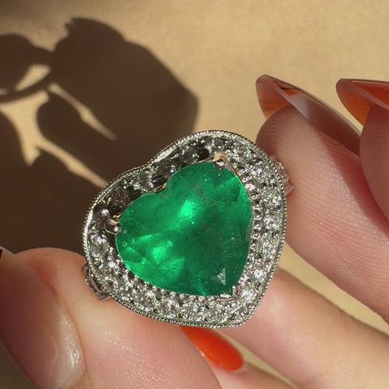 18k Heart Shaped 3.63 Carat Emerald and Diamond Ring