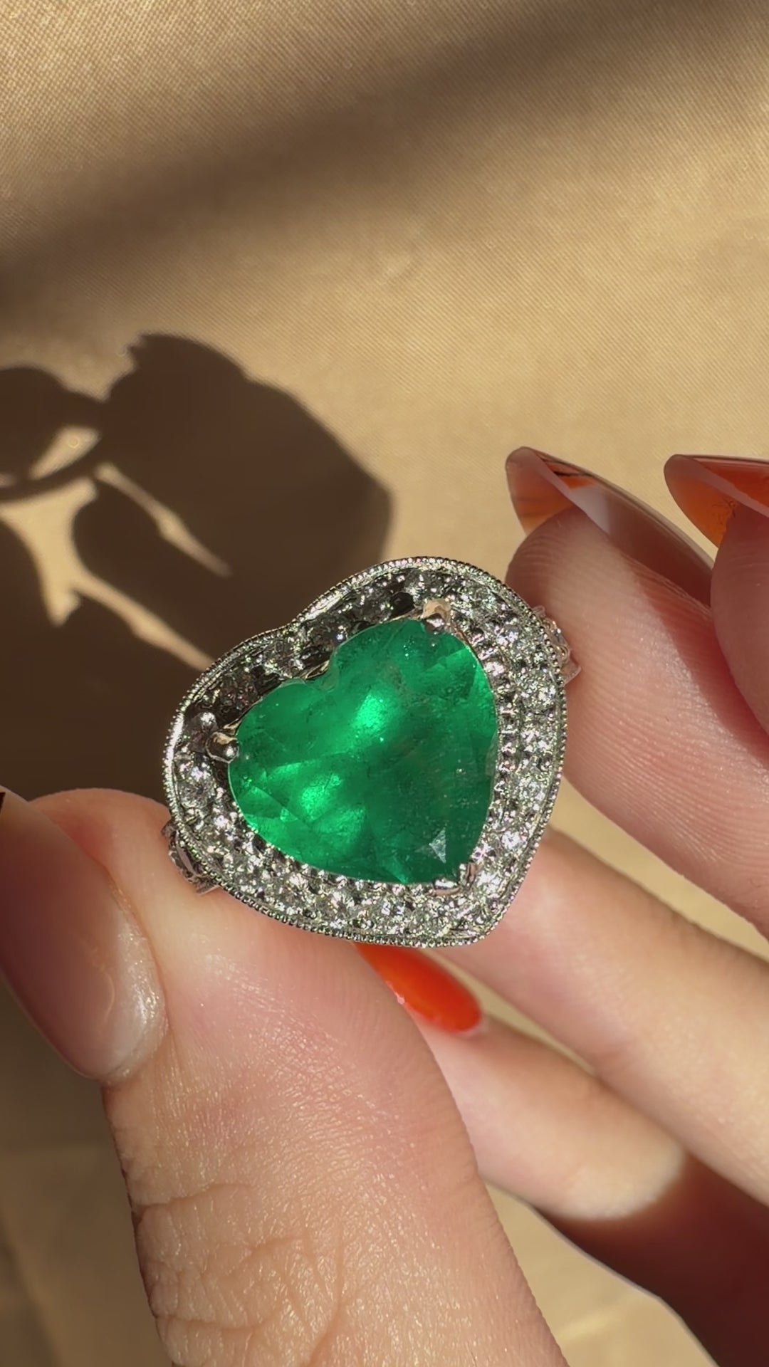 18k Heart Shaped 3.63 Carat Emerald and Diamond Ring