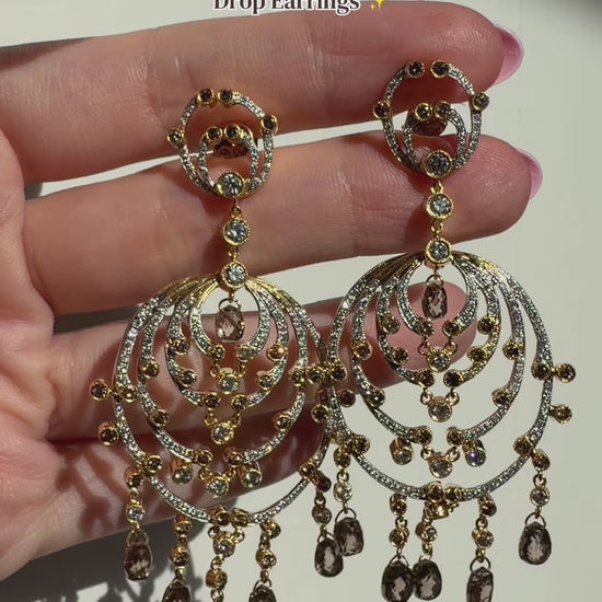 18k Yellow Gold Brown and White Diamond Chandelier Drop Earrings