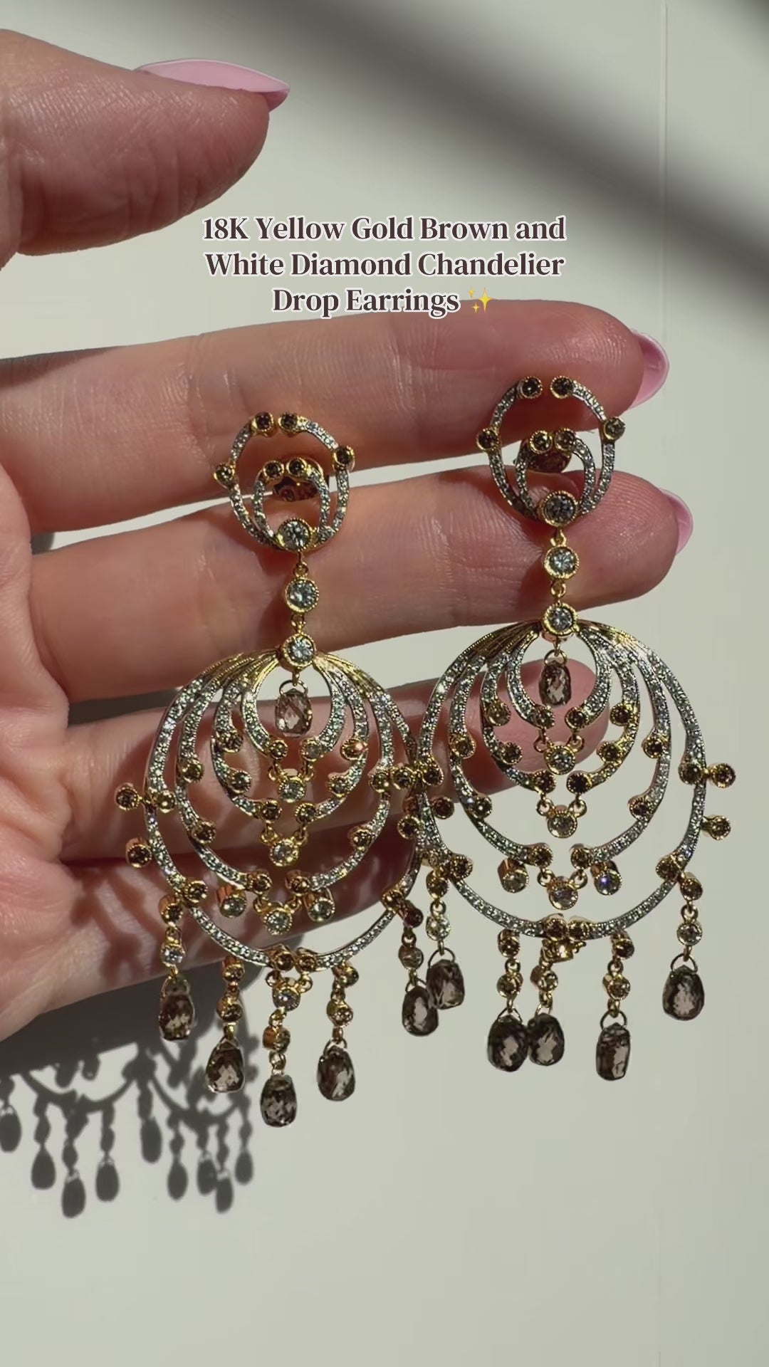 18k Yellow Gold Brown and White Diamond Chandelier Drop Earrings