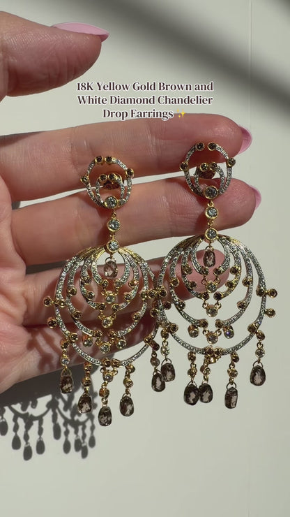 18k Yellow Gold Brown and White Diamond Chandelier Drop Earrings